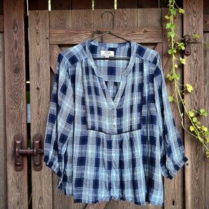 Wrangler Blue Plaid Flannel Top Pullover Blouse 3/4 sleeve Country Cabin XL